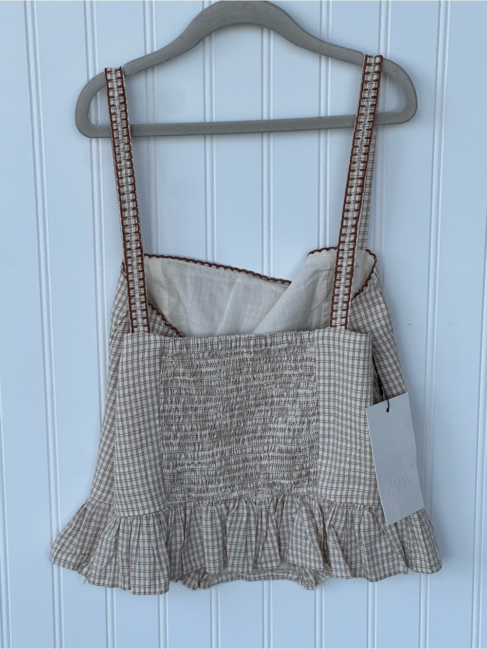 Zara NWT Plaid Ruffled Corset-Like Women’s Blouse Top in Cream and Brown